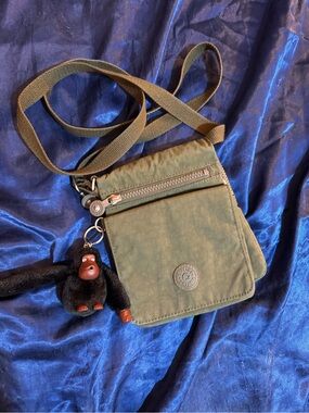 Kipling Olive Green Crossbody Pouch with Monkey Charm